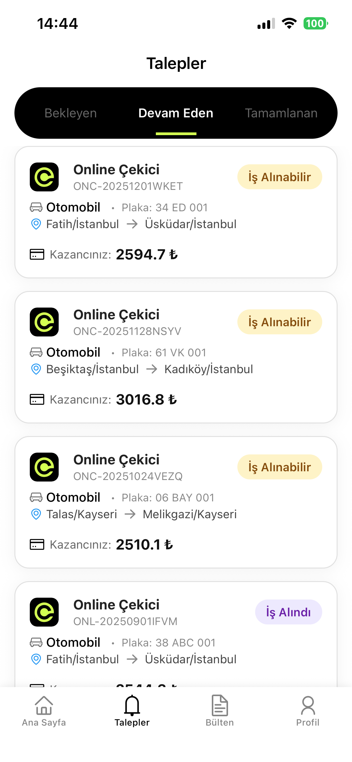 Sürücü uygulamasında talep listesi