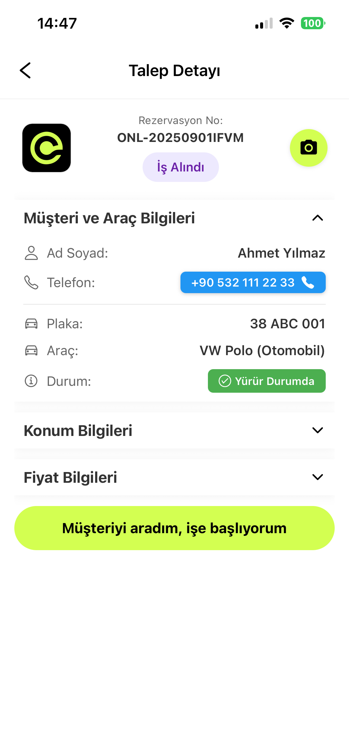 Sürücü uygulamasında talep detayı ve iş adımları