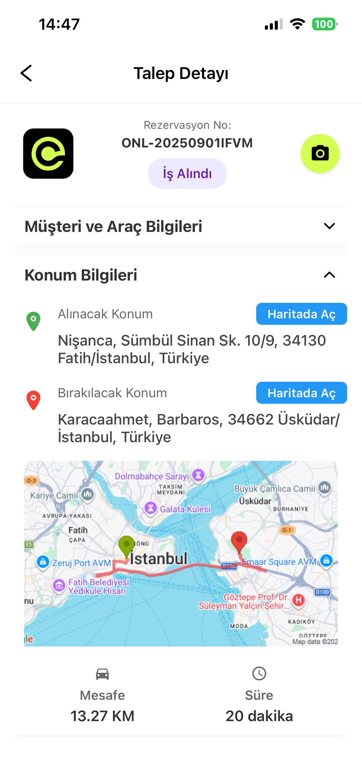 Sürücü uygulamasında alım ve teslim konumları ile rota haritası